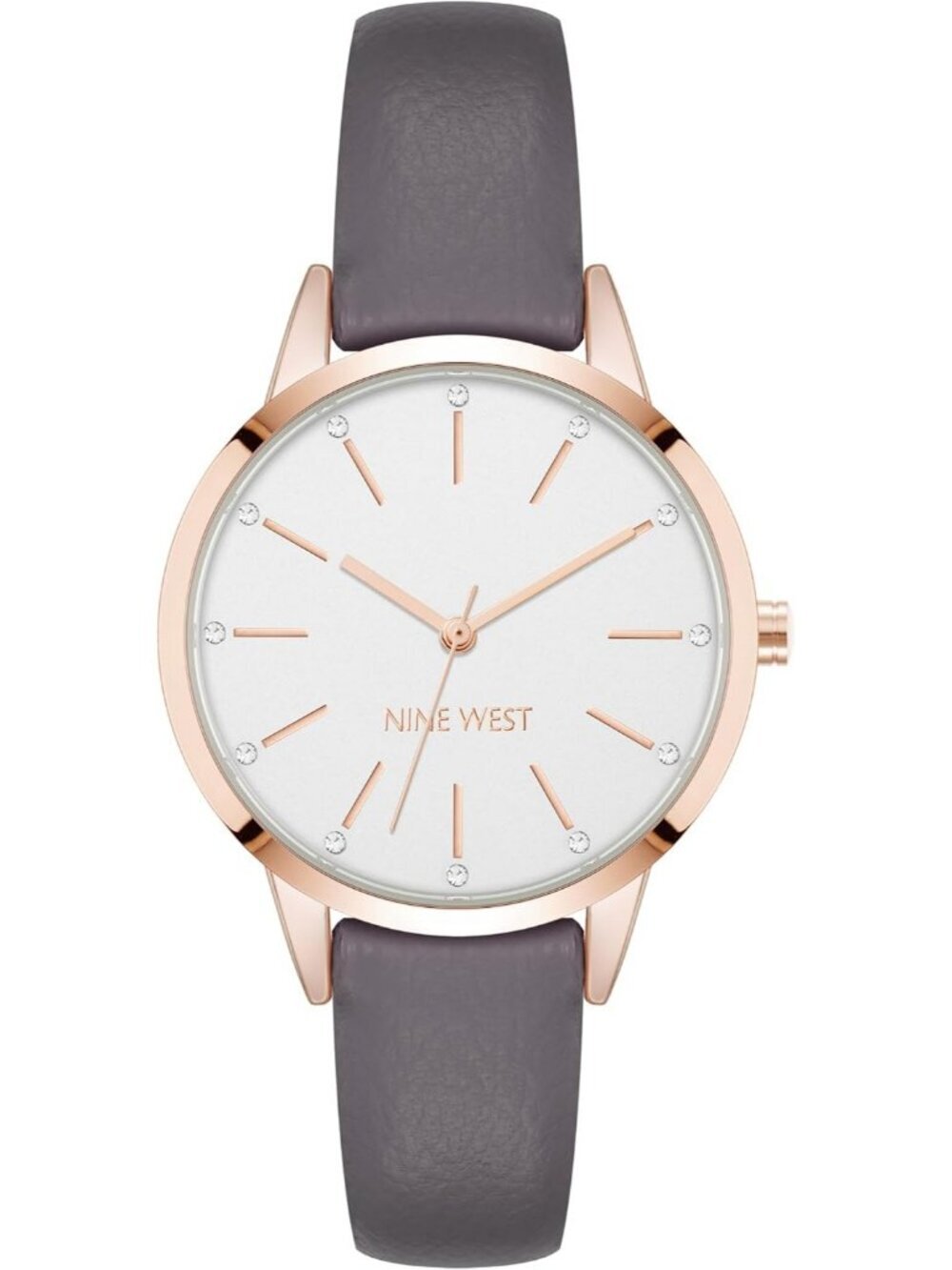 Nine West Women's Grey And Rose Gold Analog Genuine Crystal Accented Strap Watch